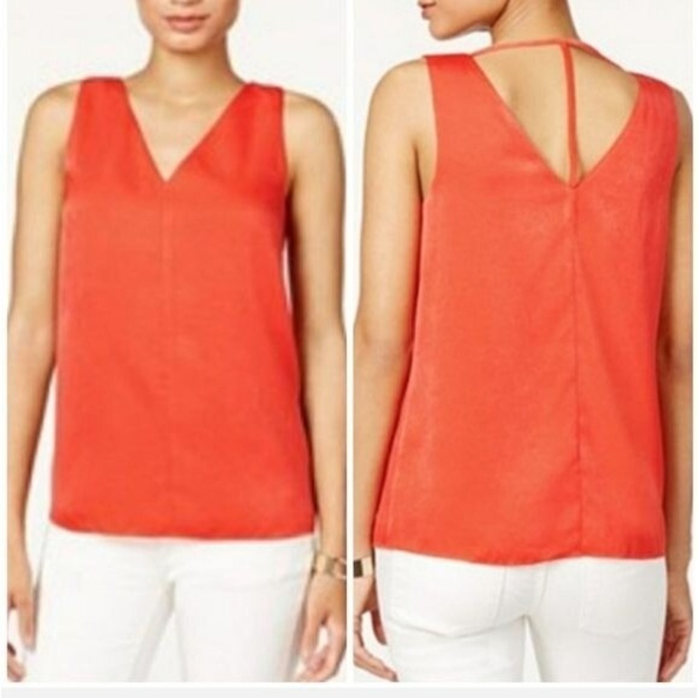 Bar III Womens Minimalist Chic Tank Top M Optic Orange Strappy V-Neck Blouse NEW